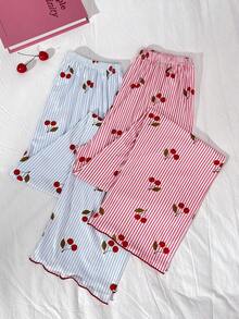 Bộ 2 quần pajama nữ cỡ lớn in hình quả anh đào, kẻ sọc, chất liệu nhẹ, màu xanh dương và hồng, thích hợp cho mùa xuân/hè. - Nhiều màu - Xem 1