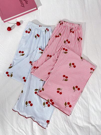 2条装加大码女式樱桃印花条纹睡裤，轻薄睡裤，蓝粉条纹，春夏款