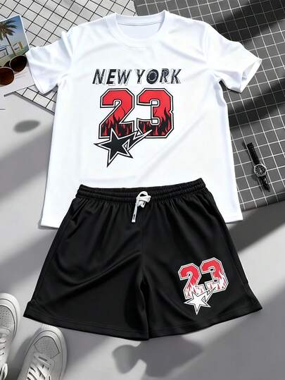 1pc Men's Casual Thin Numeric Print Design Short Sleeve T-Shirt And Shorts Set, Summer, Suitable For Daily Wear, Sports, Running, Fitness