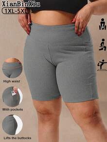 1pc Women Plus Size Knee Length Yoga/Cycling Tight Shorts, High Stretch Butt Lifting Curve Flattering Sports Pants, Knit Fabric Breathable Running Training Shorts With Pockets, Suitable For Cycling, Fitness, Running, Foldable Hem, All Seasons - Grey - View 9