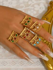 1pc Vintage Bohemian Style Hollow Moon Zirconia Copper Plated Gold Adjustable Ring, Women's Daily, Holiday, Gift Accessory - Multicolor - View 2