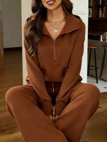 Casly Lamiit Women's 2 Piece Outfits St. Patrick's Day Green Lounge Set 2025 Oversized Chic Half Zip Sweatshirt Wide Leg Sweatpant Set Sweatsuit Tracksuit Going Out Outfits - màu nâu - Xem 3