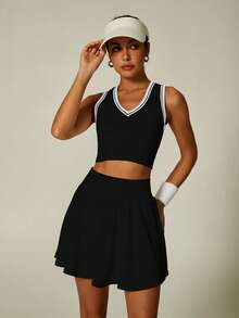 Y2K撞色滚边露脐背心和口袋短裙套装 女式网球风格两件套运动服 - 黑與白 - 查看 2