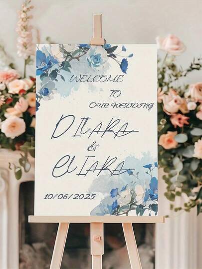 Personalisierbare Namen- & Datum-Hochzeit Willkommensschild - Elegantes blaues Blumenmuster, geeignet für Hochzeiten, Geburtstage, Jahrestage und andere Feiern, Innen-/Außendekoration für Partys, hervorragend für Zuhause, Hotel oder Bar, personalisierte Willkommensanzeige | Blumen Willkommensschild | Beschilderung, Hochzeitsdekoration