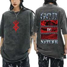 Anime  Guts Vintage Washed T Shirt Manga Gatsu Griffith Zodd T-Shirts Men Women Clothing Cotton Casual Oversized T-Shirt - 黑色 - 查看 4