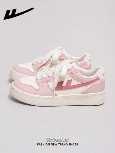  1 par de Zapatos casuales de suela gruesa con cordones para mujer WARRIOR, zapatos planos de exterior de puntera redonda, tacón bajo antideslizante de unicolor elegante y suela blanda, adecuados para estudiantes, fotos de graduación, zapatos de skate de cuero planos