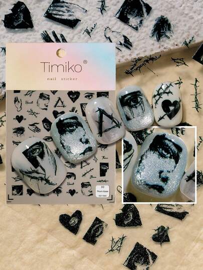 1张暗黑破碎主题美甲贴纸，包含荆棘、破碎的心、抽象的眼睛、撕裂的几何方块和晕染的墨渍，整体传达出黑暗、破碎和疏离的情绪，适合打造个性化、暗黑且略带颓废感的美甲。