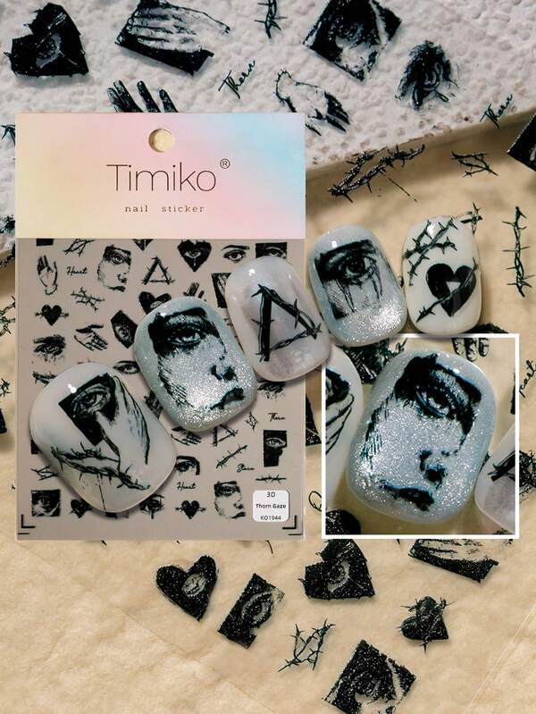 1 pieza Pegatina de arte de uñas con tema oscuro y roto, incluye espinas, corazones rotos, ojos abstractos, bloques geométricos desgarrados, manchas de tinta borrosas, que en general transmite emociones oscuras, rotas y alienadas, adecuado para crear uñas de arte de uñas personalizadas, oscuras y ligeramente decadentes