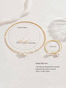 Shiny Gold Faux Pearl Jewelry Set, Elegant Crystal Necklace, Bracelet And Stackable Rings, Suitable For Date Night, Anniversary, Birthday Gift - 1318 Gold - View 9