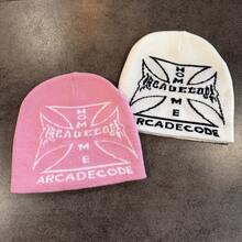 1pc Plaid Casual Acrylic Jacquard Cross & Letter Pattern Knit Beanie Hat, Stylish Hip-Hop Cold Weather Warm Cap - Multicolor - View 4