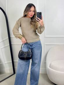 Women's Knit Blouse With Inverted Braid, Long Puff Sleeves, Ribbed Cuffs, Fashion Knitwear For Winter - Sand - View 3