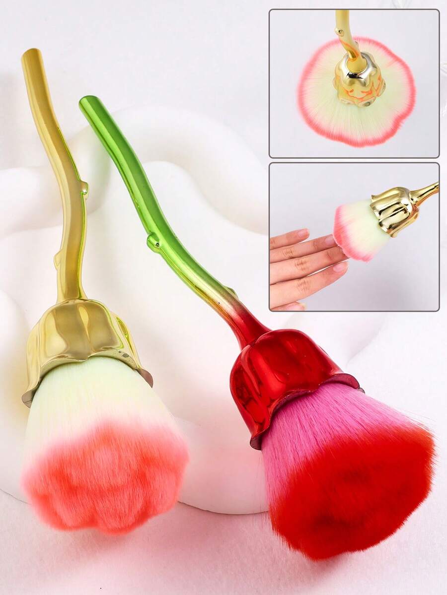 1/2支装专业玫瑰形指甲除尘刷，超柔软尼龙蓬松刷毛指甲清洁工具，多功能玫瑰指甲刷，指甲配件工具除尘刷 - 彩色 - 查看 1