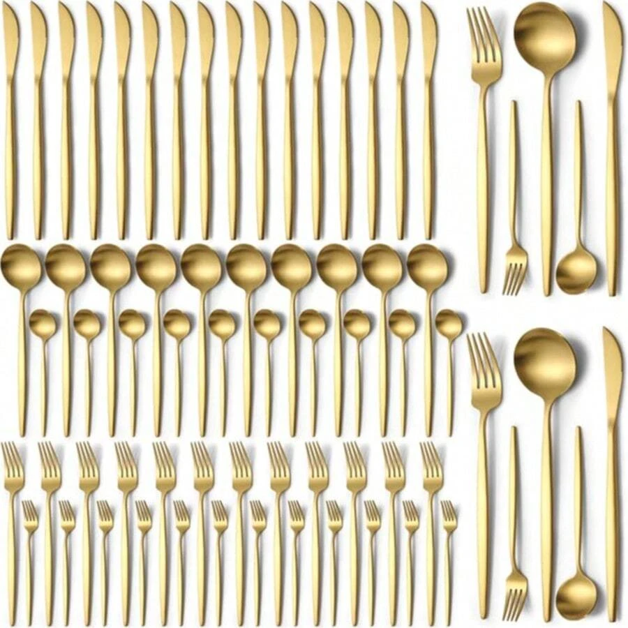 60pcs Deluxe Golden 410 Stainless Steel Cutlery Set, Portugal Western Cutlery Set With Knives, Forks And Spoons, 12pcs Mirror Polished Silverware Set For Weddings, Parties, Birthdays And Gatherings - 金色 - 查看 1