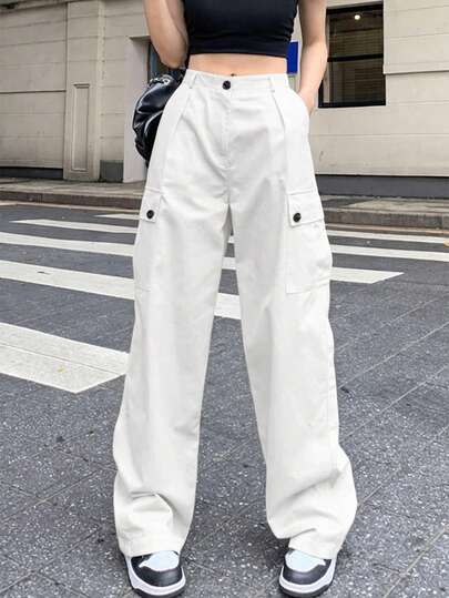 高腰纯色宽松工装裤