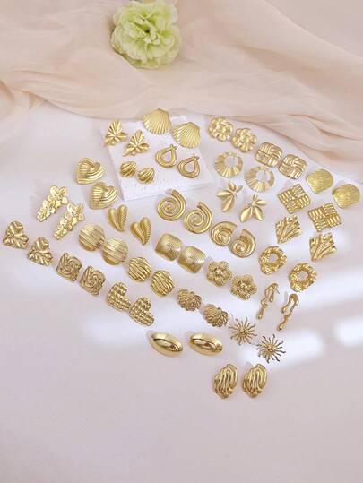 INS风不锈钢镀金耳环，心形不规则花纹，花朵造型，低过敏条纹纹理耳环，海滩度假海洋元素贝壳耳环，婚礼派对珠宝，奢华可爱配饰，适合狂欢节、圣诞节、情人节、母亲节、日常佩戴和派对等场合，多种元素和款式可选