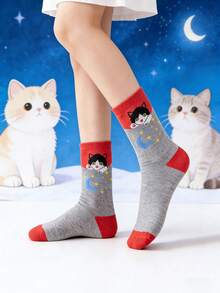 5 Pairs Unisex Blue, Green, Yellow, Gray Starry Sky Cat Cute & Whimsical Mid-Calf Socks, Casual Daily Wear Socks For Men And Women, All Seasons - Multicolor - View 6