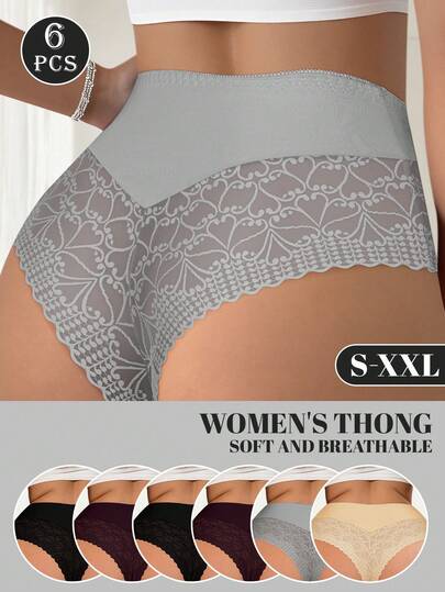 MEIYATING 6pcs Women Lace Trim Mesh Panties, Soft & Comfortable Sexy Thong Underwear