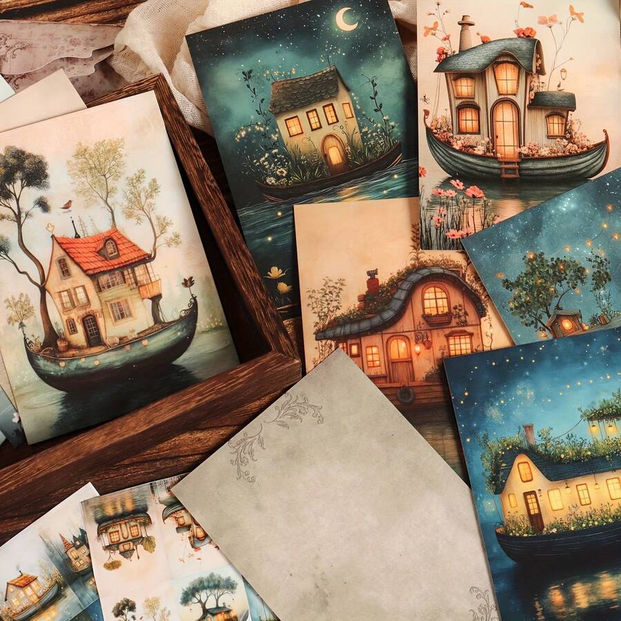 JAIIMAN 16 tarjetas, 4 sobres, 36 pegatinas Juego de cartón doble cara con barco lunar para decoración DIY, para entusiastas de la artesanía de decoración de pared, suministros de scrapbooking, tarjetas de felicitación, manualidades, tarjetas de recuerdo - Azul oscuro - Ver 1