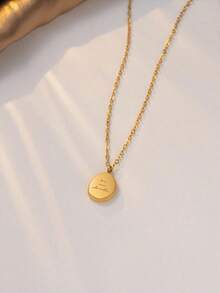 1pc Gold Engraved Round Pendant Necklace, Minimalist Chic Style Jewelry, Suitable For Dates, Gifts, Daily Wear (OPP Bag Packaging) - Gold - View 2