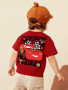 Disney Black Background Cars Lightning McQueen Print Kids' Short Sleeve T-Shirt - Playful And Cute Racing Style Top - Đỏ - Xem 3