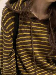 Striped Ribbed Drawstring Contrast Trim Casual Knit Hooded Sweatshirt, Striped Knit Pullover, Loose Autumn/Winter Layering Knit Top, Striped Pattern Drawstring Hooded Sweatshirt Sweatshirt, Casual Long Sleeve Autumn/Winter, Women Clothing - Yellow - View 3