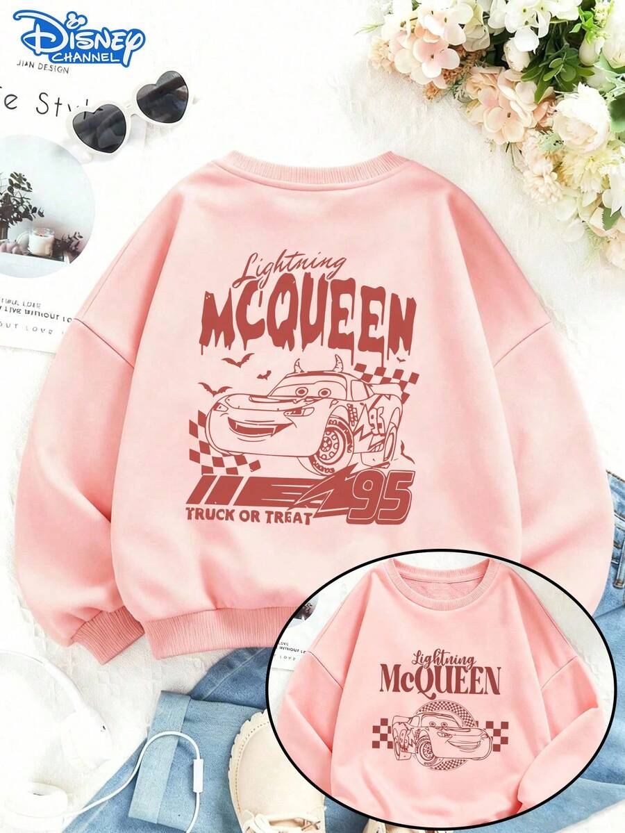 Disney Cars Lightning McQueen Halloween Streetwear Sweatshirt, Double-Sided Print, Retro Vibe, Lightweight & Warm, Perfect For Theme Parks & Halloween Outings, Unisex - Hồng - Xem 1
