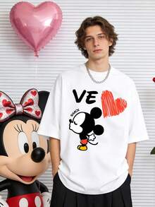Disney Valentine's Day 180 Cotton Comfortable Short-Sleeved Casual Couple's Heart-Printed T-Shirt - trắng - Xem 2