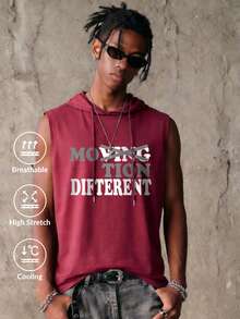 Camvyn 男士休闲字母印花连帽背心，夏季百搭 - 酒紅色 - 查看 1