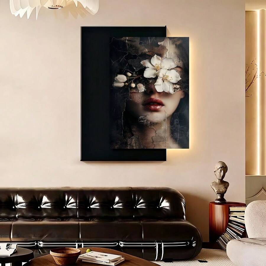 Cuadro 2D plano JIT1pc, arte en lienzo 2D plano, con una mujer rodeada de diseños florales en un estilo surrealista texturizado, viene enmarcado y listo para colgar, perfecto para decorar salas de estar, dormitorios, oficinas y hogares - Enmarcado - Ver 1