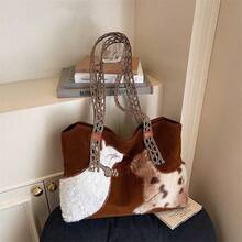 1个秋冬季毛绒“猫咪对话”刺绣手提包，时尚大容量单肩包，女士款 - 彩色 - 查看 8