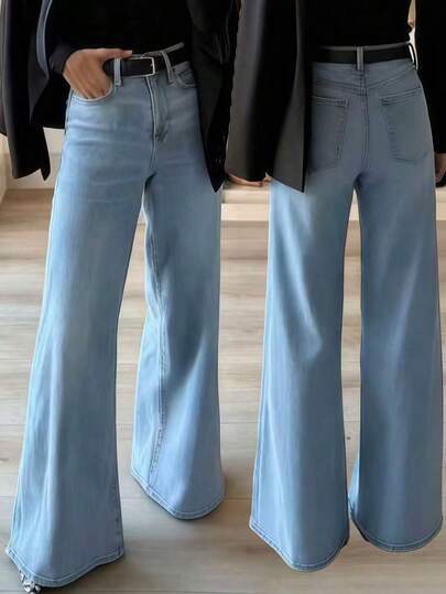 Yeni Kadın Yüksek Bel Lastikli Geniş Paçalı Kot Pantolon, Çok Yönlü ve Zamansız, Rahat ve Cilt Dostu