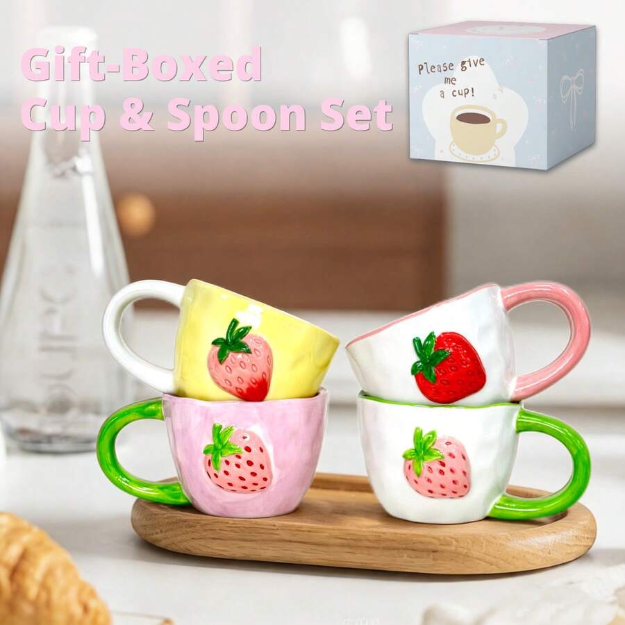 LECHENG HOUSEHOLD Gift Box Set With Cup + Spoon, Cute Strawberry Ceramic Cup, Hand-Painted 3D Strawberry Design, Creative Ceramic Cup Suitable For Latte, Tea, Milk, Coffee Drinks, Decorative Cup, Women's Birthday Gift, Suitable For Office And Home Use - Multicolor - View 1