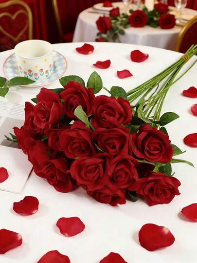 30pcs Artificial Burgundy Rose Flowers, Fake Roses, For DIY Wedding Bouquet, Valentine's Day Gift, Tabletop Decor, Bridal Shower, Valentine's Day, Mother's Day, Birthday Party Home Decoration