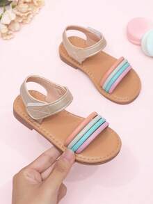 1 Pair Summer Party & Wedding Cute Striped Woven Hook And Loop Princess Style Lace Flat Sandals For Toddler Girls - Multicolor - View 6