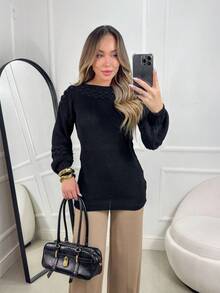 Women's Knit Blouse With Inverted Braid, Long Puff Sleeves, Ribbed Cuffs, Fashion Knitwear For Winter - 黑色 - 查看 2