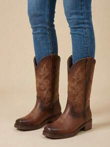 Botas vaqueras bordadas para mujer, de media caña y punta redonda, estilo vaquera, a la moda. - Óxido marrón - Ver 2