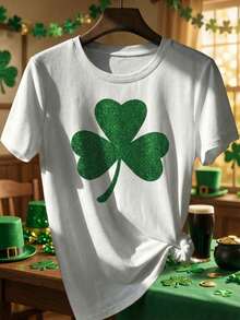 St.Patrick's Day Glitter Clover Print,Women's Regular Fit Regular-Length Round Neck Short Sleeve T-Shirt - White - View 2