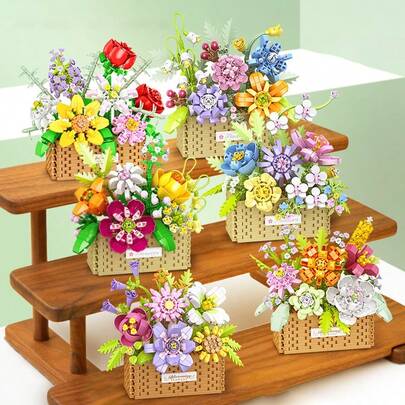 永生花积木，玫瑰/莲花/手工向日葵玫瑰花束，创意3D拼装积木，盆栽多肉植物，浪漫桌面摆件，室内家居装饰，生日礼物