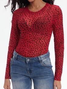 优雅女士网纱长袖上衣，性感透视圆领T恤，适合派对和夜店穿着，蕾丝衬衫；女士黑色动物纹时尚性感豹纹半透视长袖常规薄纱针织上衣 - 中等弹力，常规版型，植绒细节，修身透视网纱针织上衣，适合外穿、叠穿和各种场合。 - 紅色 - 查看 6