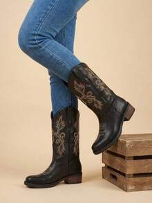 Botas vaqueras bordadas para mujer, de media caña y punta redonda, estilo vaquera, a la moda. - Multicolor - Ver 2