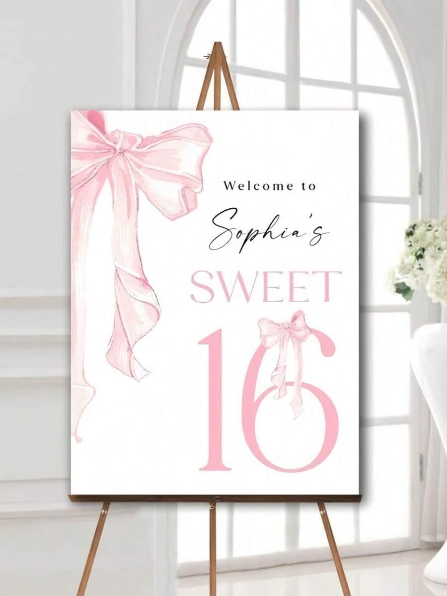 Customized Pink Bow Ribbon 16th Birthday Poster | 2D Flat Unframed Decor, Sweet Sixteen Party Entrance Board, Editable And Printable Template, Suitable For Office, Bedroom, Living Room, Corridor, Home Decor, Holiday Canvas Art Print - Multicolor - View 1