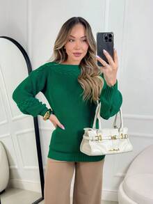 Women's Knit Blouse With Inverted Braid, Long Puff Sleeves, Ribbed Cuffs, Fashion Knitwear For Winter - 綠旗 - 查看 5