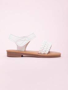 1 Pair Summer Party & Wedding Cute Striped Woven Hook And Loop Princess Style Lace Flat Sandals For Toddler Girls - White - View 4