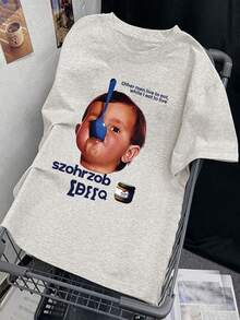 日系女式宽松圆领休闲百搭印花短袖T恤，春夏款 - 淺花灰 - 查看 3