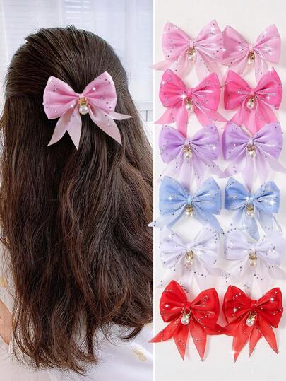 6pcs/Set Girls' Pink & White Rhinestone Mesh Bow Hair Clips, Elegant & Cute Hair Accessories For Daily Use