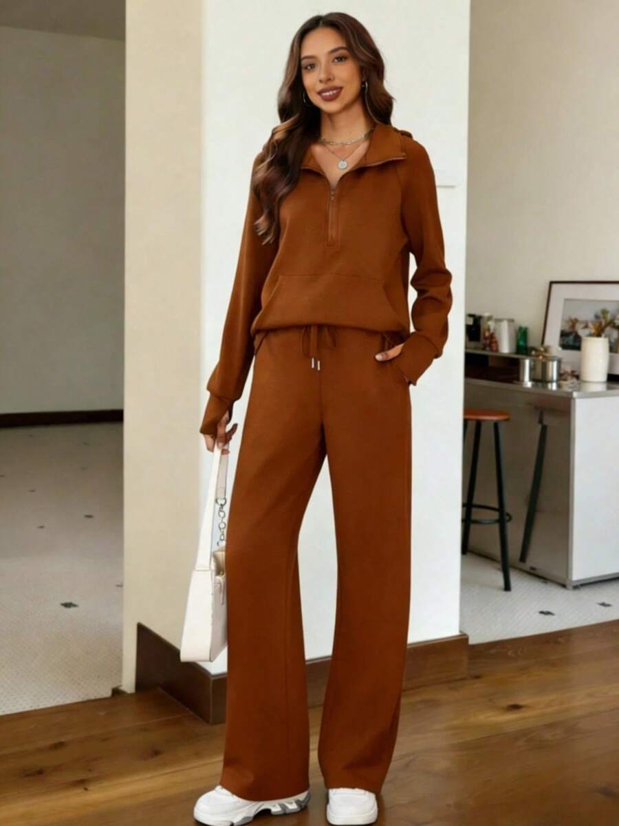 Casly Lamiit Women's 2 Piece Outfits St. Patrick's Day Green Lounge Set 2025 Oversized Chic Half Zip Sweatshirt Wide Leg Sweatpant Set Sweatsuit Tracksuit Going Out Outfits - màu nâu - Xem 1
