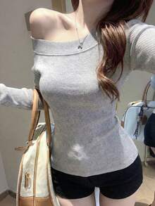 修身不对称肩部长袖针织上衣，性感斜领毛衣，女士春季款 - 灰色 - 查看 1