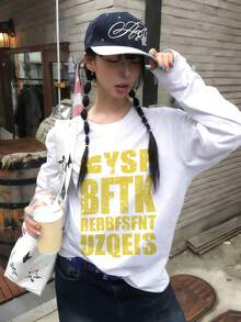 街头风美式设计字母印花宽松休闲长袖T恤，女款，白色，秋冬季 - 白色 - 查看 5