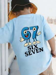 男童休闲印花圆领短袖T恤，夏季上衣 - 淺藍色 - 查看 1