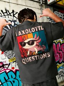 男童休闲印花圆领短袖T恤，夏季上衣 - 深灰色 - 查看 1